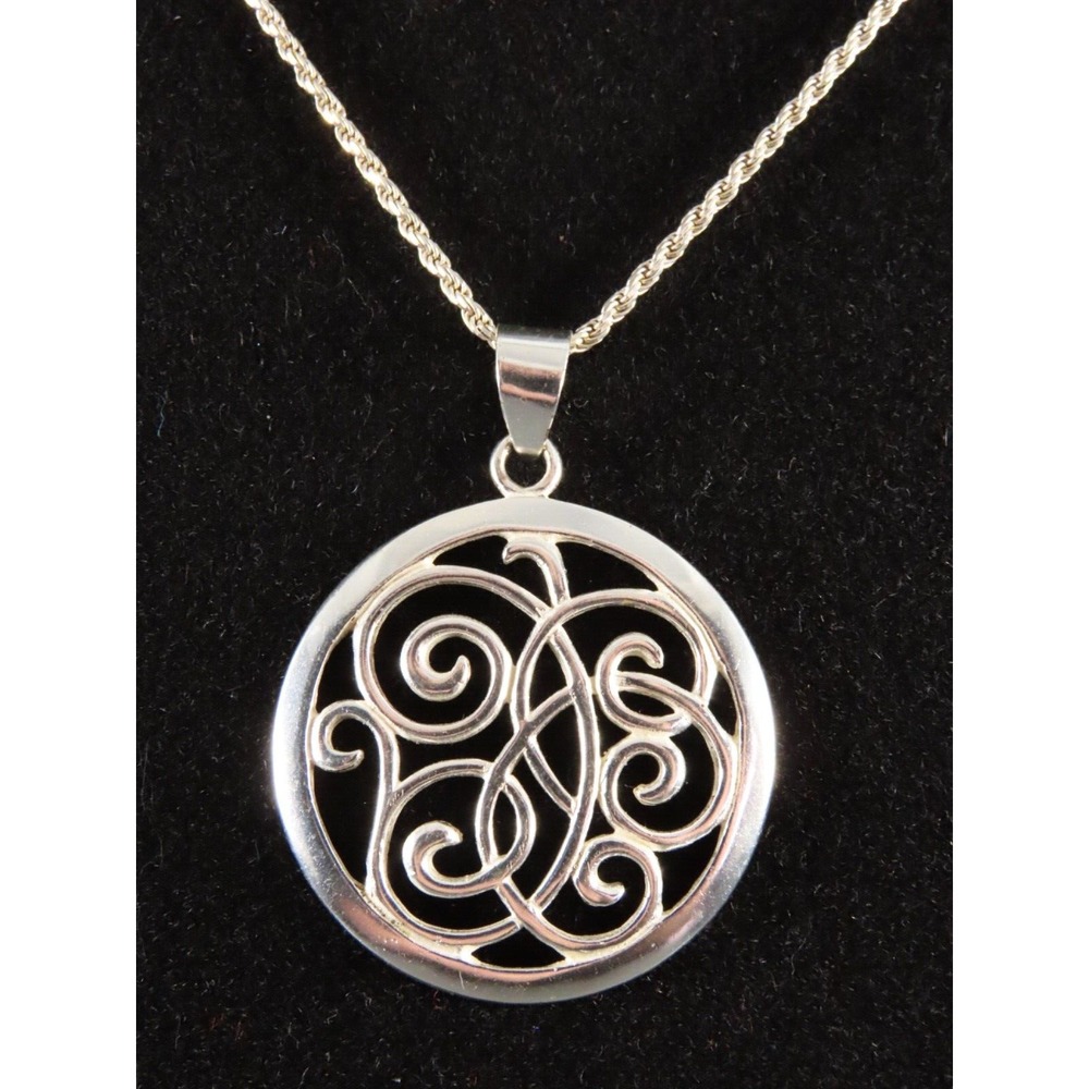 FAS STERLING SILVER 19" Rope Chain Necklace SCROLL WORK MEDALLION ROUND PENDANT